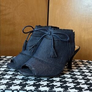 Black Open-Toe Tassel Mule Heels